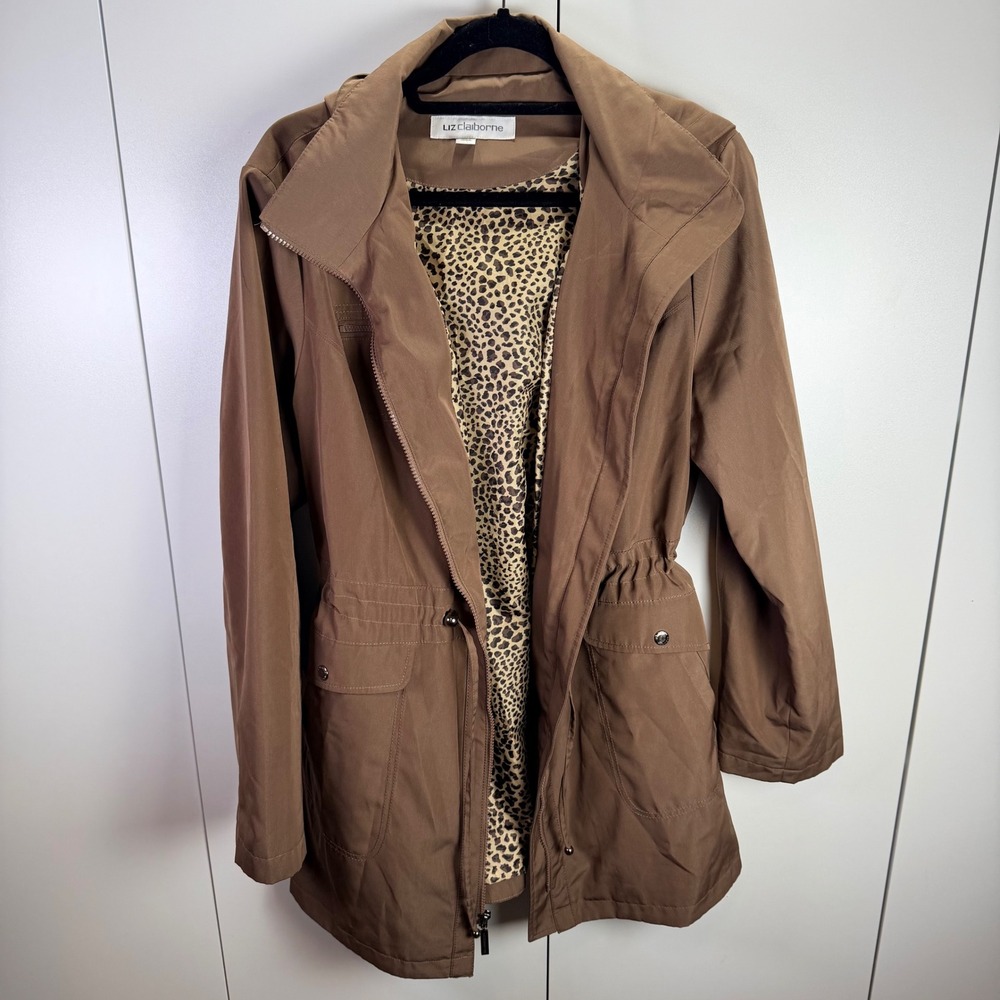 Liz Claiborne Women XL Brown Hooded Jacket‎ Drawstring Waist Leopard Mob Wife
